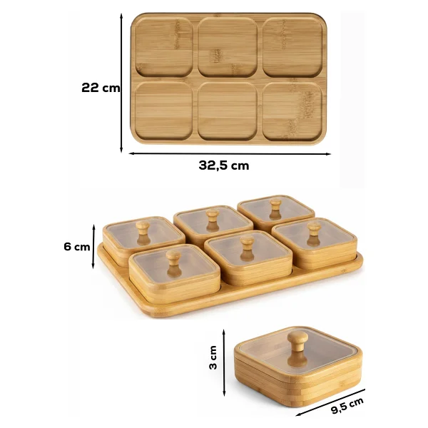 Porsima Pbt-692 Bambu Ahşap 6lı Kapaklı Kahvaltılık Ve Çerezlik Seti - Tepsili Sunumluk - Görsel 3