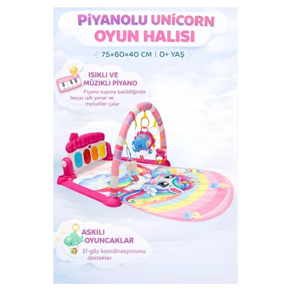Hak-İş Oyuncak Piyanolu Unicorn Desenli Bebek Oyun Halısı - 0+ Ay, Hayvan Figürlü Işıklı Ve Müzikli Gelişim Matı - Pembe - 76 X 60 X 45 Cm - Görsel 2