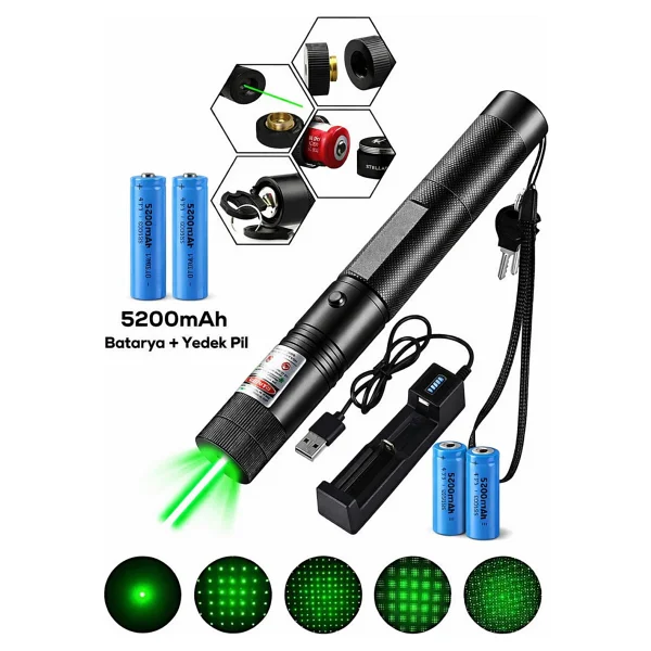 10 Km Menzilli Şarj Edilebilir Yeşil Lazer Pointer Seti - 5200mah Çift Bataryalı & Güvenlik Kilidi - Görsel 8