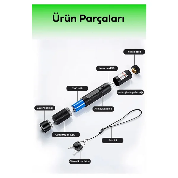 10 Km Menzilli Şarj Edilebilir Yeşil Lazer Pointer Seti - 5200mah Çift Bataryalı & Güvenlik Kilidi - Görsel 2