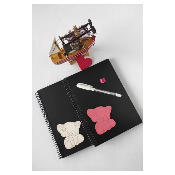 Beyaz Fil Desenli Ahşap Kapak Siyah Yapraklı Defter Anı Defteri Hediyelik Defter Anne Bebek Defteri - Görsel 4