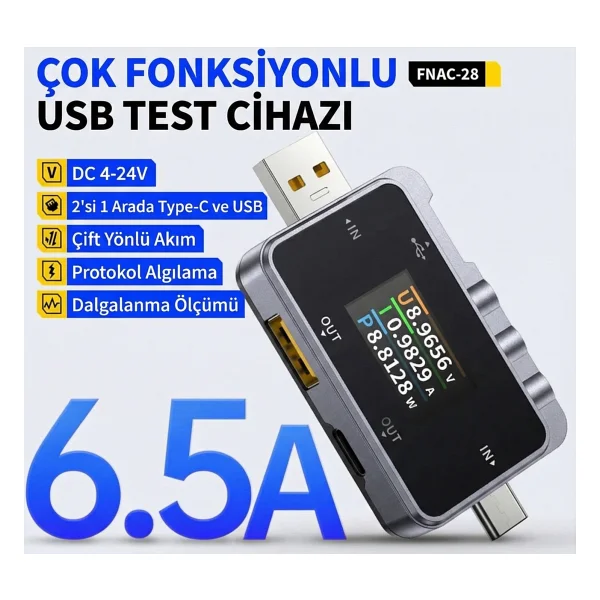 Fnirsi Fnac-28 2'si 1 Arada Tip-C USB Test Cihazı Dijital Voltmetre Ampermetre - Görsel 5