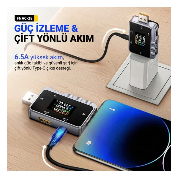 Fnirsi Fnac-28 2'si 1 Arada Tip-C USB Test Cihazı Dijital Voltmetre Ampermetre - Görsel 3
