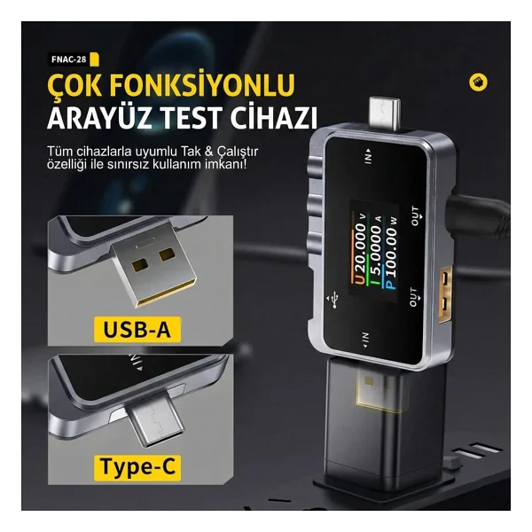 Fnirsi Fnac-28 2'si 1 Arada Tip-C USB Test Cihazı Dijital Voltmetre Ampermetre - Görsel 4