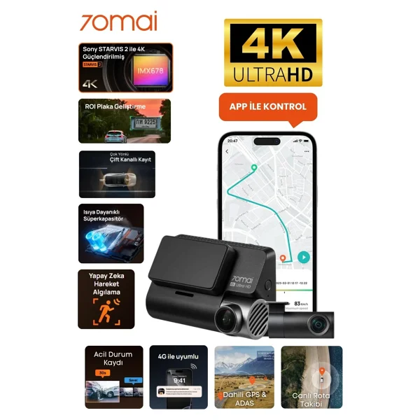 70mai A810s + Rc24 4K Ön Ve Arka Araç Kamerası Seti - Görsel 10