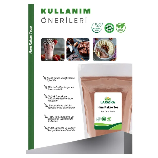 Laraska Natural Ham Kakao Toz 1kg - Raw Cacao Powder Aile Boyu Paket - 1 Kg - Görsel 5