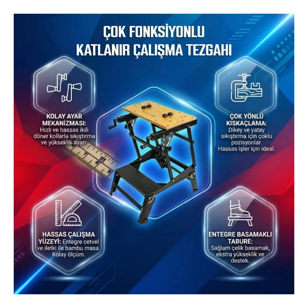 Workpro Wp289027 100kg 6 Kademe Ayarlanabilir Profesyonel Katlanabilir Çalışma Tezgahı - Görsel 6