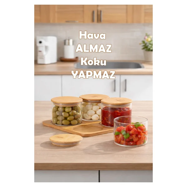 Porsima Kare 4lü Hava Geçirmez Bambu Standlı Cam Kahvaltılık Seti Bambu Kapaklı Saklama Kabı 250ML - Görsel 5