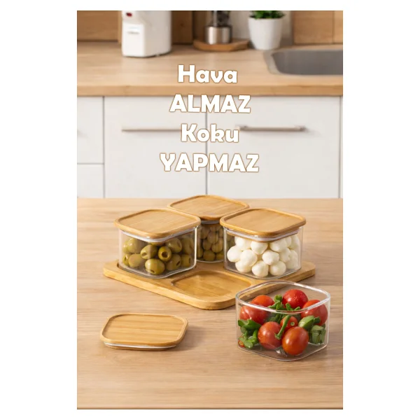 Porsima Kare 4lü Hava Geçirmez Bambu Standlı Cam Kahvaltılık Seti Bambu Kapaklı Saklama Kabı 250ML - Görsel 6