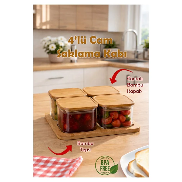 Porsima Kare 4lü Hava Geçirmez Bambu Standlı Cam Kahvaltılık Seti Bambu Kapaklı Saklama Kabı 250ML - Görsel 2