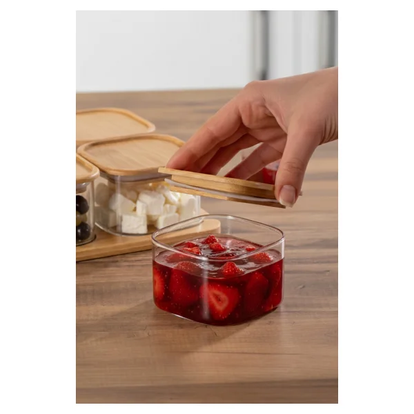 Porsima Kare 4lü Hava Geçirmez Bambu Standlı Cam Kahvaltılık Seti Bambu Kapaklı Saklama Kabı 250ML - Görsel 3