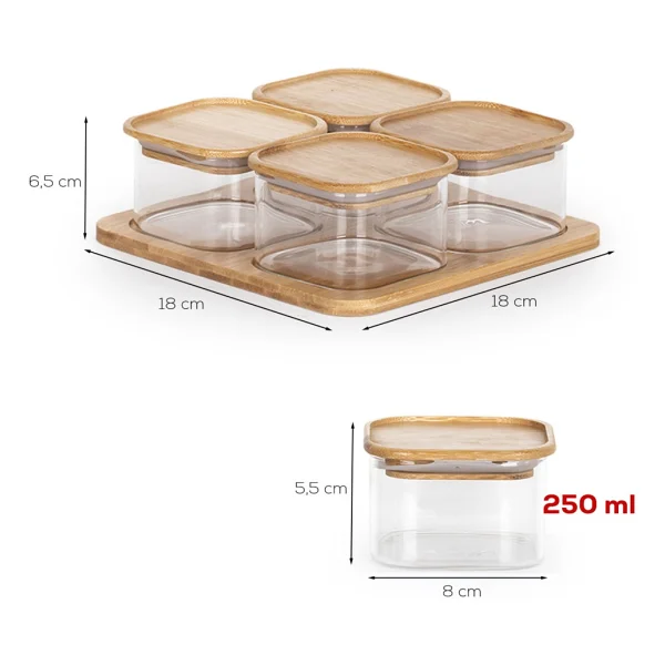 Porsima Kare 4lü Hava Geçirmez Bambu Standlı Cam Kahvaltılık Seti Bambu Kapaklı Saklama Kabı 250ML - Görsel 4