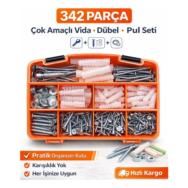 Cıvtex Civata 342 Parça Vida Dübel Pul Seti - Dın 7505 Sunta Vidası - Organizer Takım Kutusu - 1 Adet - Görsel 6