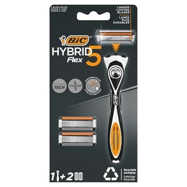 Bıc Hybrid 5 Flex Erkek Tıraş Bıçağı 1 Sap Ve 2 Yedek Başlık (5 Bıçak), 5 Nano Teknolojik Titanyum Bıçak, E Vitamini İle Zenginleştirilmiş Geniş Kayganlaştırıcı Bant - Option-1 - Görsel 2