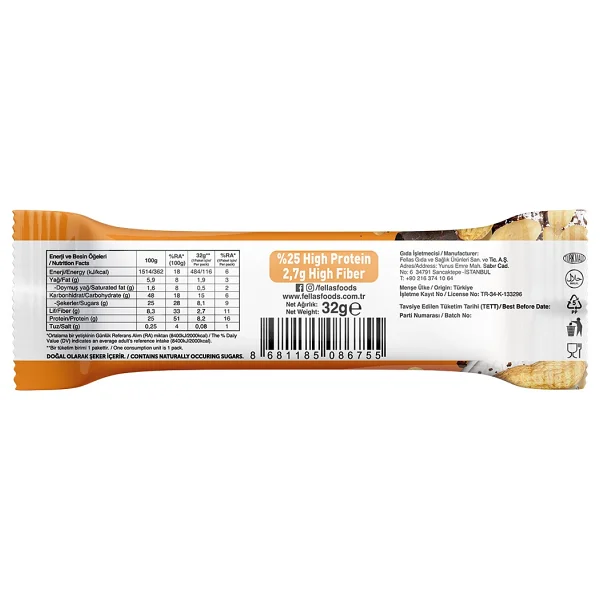 Fellas Protein Bar - Yer Fıstıklı Ve Kakaolu (32 G) X 12 Adet - Görsel 6
