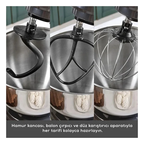 Emsan 1500 Watt Profesyonel Mutfak Şefi Stand Mikser 5 Litre Paslanmaz Çelik Hazneli Sıçratma Önleyici Kapaklı Çiğ Köfte Ve Hamur Yoğurma Makinesi - Siyah - Görsel 2