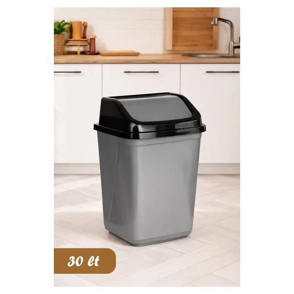 Porsima 0098 Kapaklı Gri-Siyah Çöp Kutusu - Favori Banyo Ve Mutfak Çöp Kovası 30lt - 30 Lt - Görsel 6