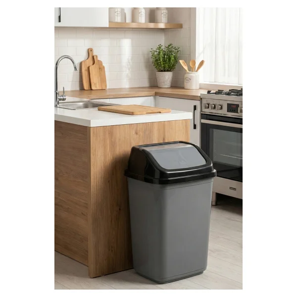 Porsima 0098 Kapaklı Gri-Siyah Çöp Kutusu - Favori Banyo Ve Mutfak Çöp Kovası 30lt - 30 Lt - Görsel 2