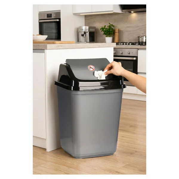 Porsima 0098 Kapaklı Gri-Siyah Çöp Kutusu - Favori Banyo Ve Mutfak Çöp Kovası 30lt - 30 Lt - Görsel 3
