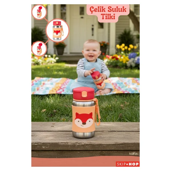 Skip Hop Zoo Tilki 350 Ml Pipetli Paslanmaz Çelik Suluk - Görsel 4