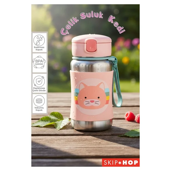 Skip Hop Zoo Kedi 350 Ml Pipetli Paslanmaz Çelik Suluk - Görsel 4