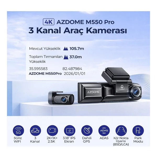 Azdome M550 Pro 3 Kameralı Araç Kamerası Seti - Görsel 2