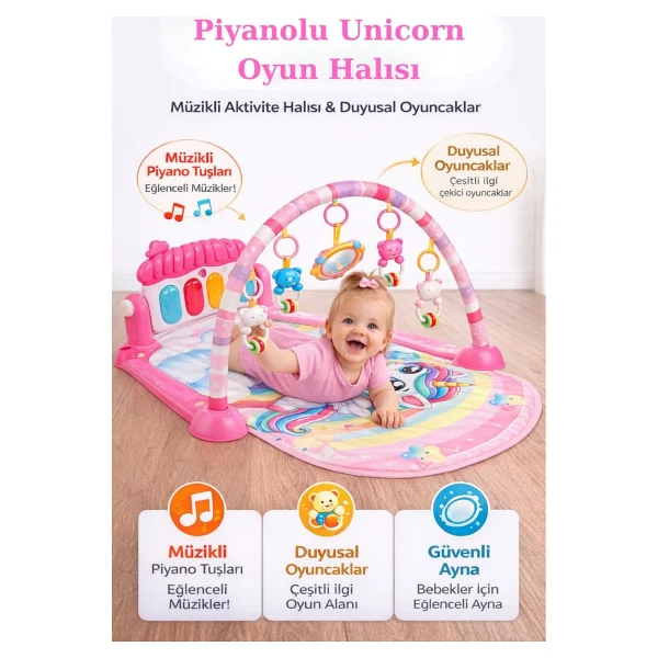Hak-İş Oyuncak Piyanolu Unicorn Desenli Bebek Oyun Halısı - 0+ Ay, Hayvan Figürlü Işıklı Ve Müzikli Gelişim Matı - Pembe - 76 X 60 X 45 Cm - Görsel 7