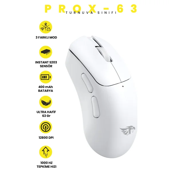 Gameagle Prox-63 Beyaz Şarjlı Optik Kablolu/Kablosuz Oyuncu Mouse - Görsel 9