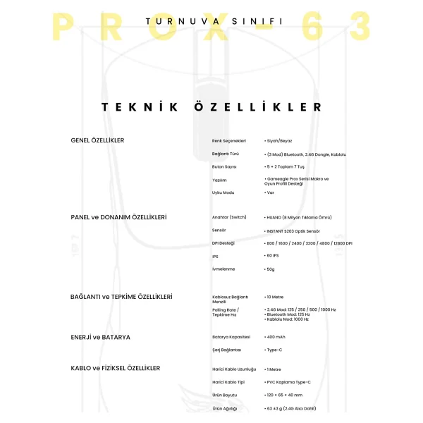 Gameagle Prox-63 Beyaz Şarjlı Optik Kablolu/Kablosuz Oyuncu Mouse - Görsel 7