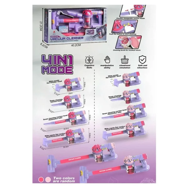 Boratila Toys Pilli Sesli Simülasyon Toplu 4 Farklı Mod Çekim Gücü Olan Dikey Süpürge Pembe - Görsel 3