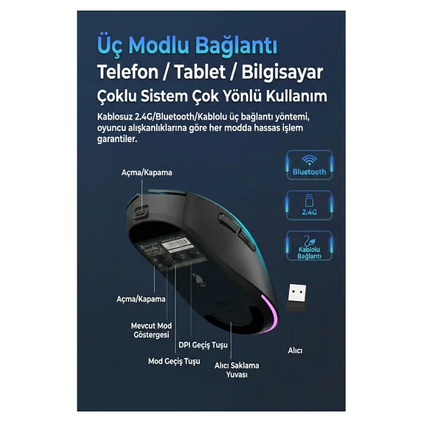 Ajazz Nj08 Şarjlı Optik Kablolu/Kablosuz Oyuncu Mouse - Görsel 7