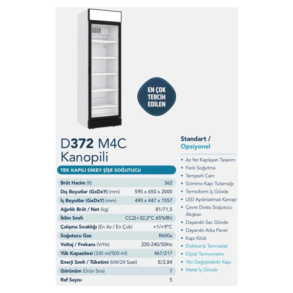 Şenocak D372 Scm 4c Plus-Kanopili Dikey Meşrubat Dolabı İçecek Şişe Soğutucu - Görsel 3