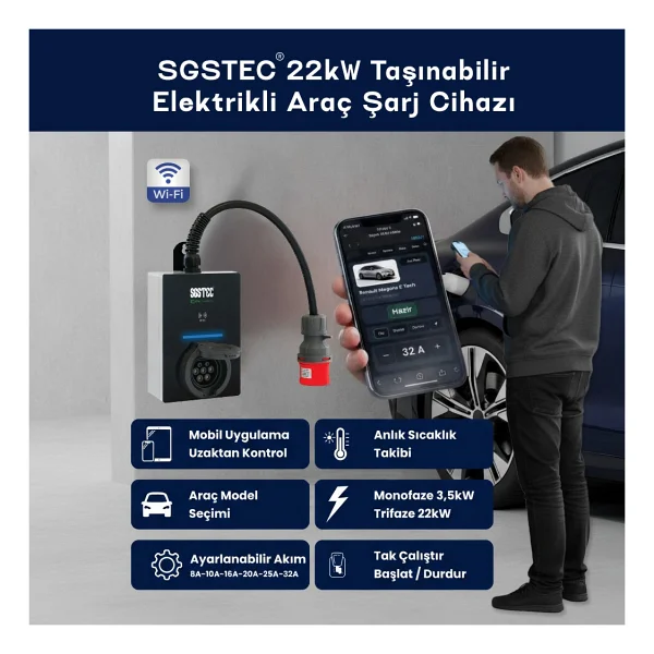 Sgstec Flex 22kw Soketli Elektrikli Araç Şarj Cihazı - Görsel 3