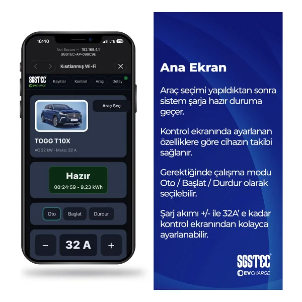 Sgstec Home 22 Kw 8 M Kablolu Taşınabilir Elektrikli Araç Şarj İstasyonu - Görsel 4