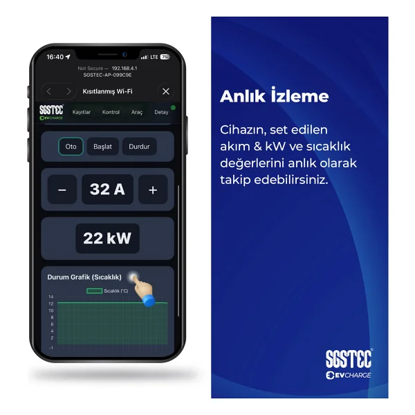 Sgstec Home 22 Kw 8 M Kablolu Taşınabilir Elektrikli Araç Şarj İstasyonu - Görsel 7