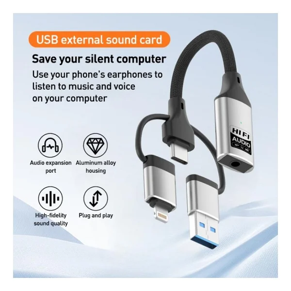 Coverzone Zr1206 Lightning Type-C USB Girişli 3.5mm Hi-Fi Ses Dönüştürücü Adaptör Dac Çipli Harici Ses Kartı Kulaklık Mikrofon Destekli Canlı Yayın Vlog PC Telefon - Görsel 2