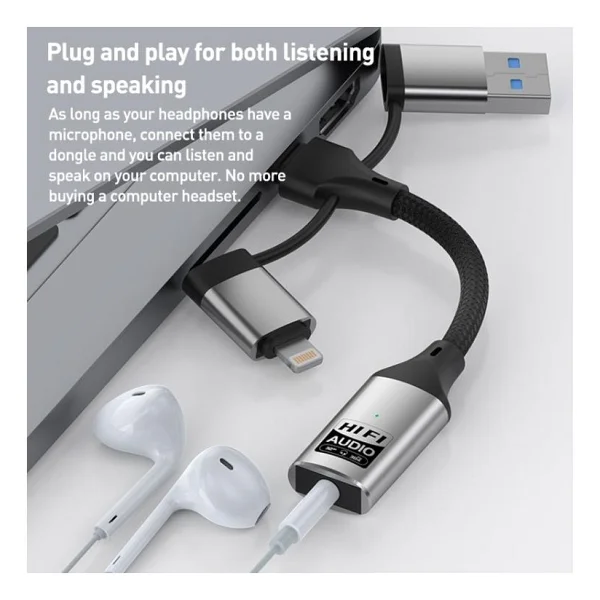Coverzone Zr1206 Lightning Type-C USB Girişli 3.5mm Hi-Fi Ses Dönüştürücü Adaptör Dac Çipli Harici Ses Kartı Kulaklık Mikrofon Destekli Canlı Yayın Vlog PC Telefon - Görsel 4