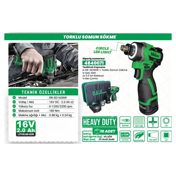 Hais Pro Rb-Sd1608w 16 V Çift Akülü 2 Ah Somun Sıkma Makinesi - Görsel 3