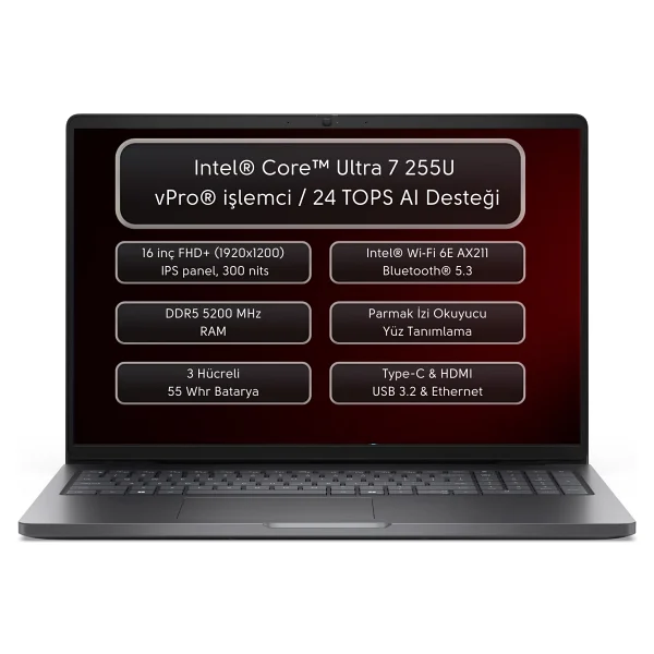 Dell Pro 16 Pc16250255 Ultra 7 255u 8 GB 2 TB SSD Intel Graphics 16 - Görsel 9