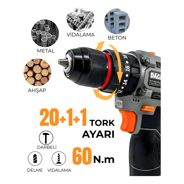 Dager Bolt 16.8v Kömürsüz Darbeli Şarjlı Matkap Vidalama Seti 60nm Çift Akü + 85 Parça Aksesuar + Hızlı Şarj Gri - Görsel 3