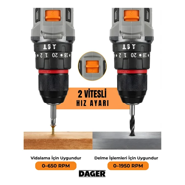 Dager Bolt 16.8v Kömürsüz Darbeli Şarjlı Matkap Vidalama Seti 60nm Çift Akü + 85 Parça Aksesuar + Hızlı Şarj Gri - Görsel 4