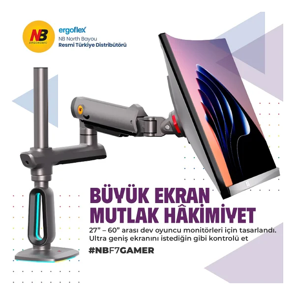 North Bayou F7-Gaming 32-60 İnç Tek Kollu Amortisörlü Monitör Standı - Görsel 9