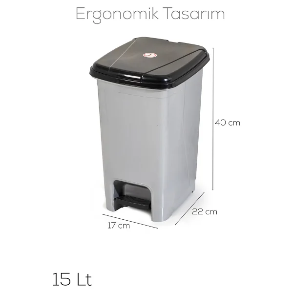 Porsima 0131 Pedallı Metalize Banyo Mutfak Çöp Kovası Siyah Kapaklı Slim Pedallı Çöp Kovası 25 Litre - 25 Lt - Gri - Siyah - Görsel 10