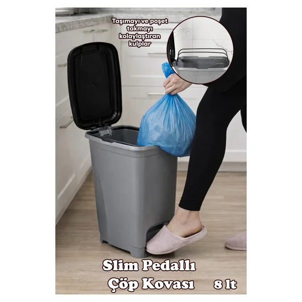 Porsima 0100 Kapaklı Gri-Siyah Çöp Kutusu - Favori Banyo Ve Mutfak Çöp Kovası 10lt - 10 Lt - Görsel 10