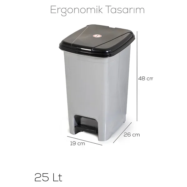 Porsima 0131 Pedallı Metalize Banyo Mutfak Çöp Kovası Siyah Kapaklı Slim Pedallı Çöp Kovası 25 Litre - 25 Lt - Gri - Siyah - Görsel 7