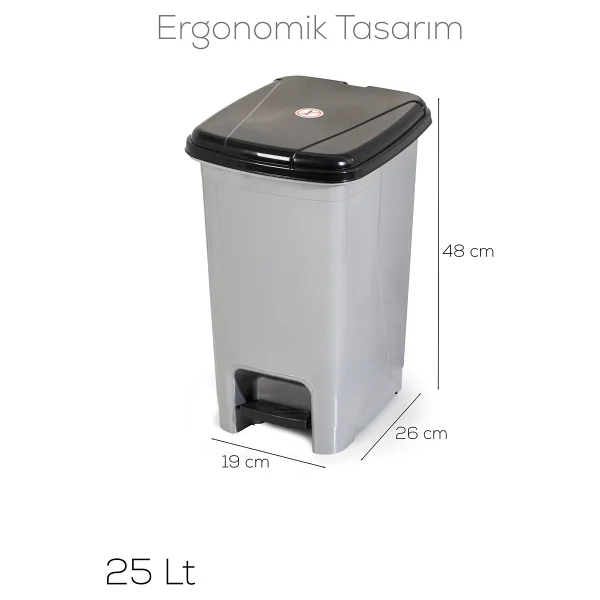Porsima 0131 Pedallı Metalize Banyo Mutfak Çöp Kovası Siyah Kapaklı Slim Pedallı Çöp Kovası 25 Litre - 25 Lt - Gri - Siyah - Görsel 2