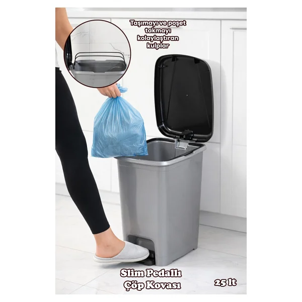 Porsima 0131 Pedallı Metalize Banyo Mutfak Çöp Kovası Siyah Kapaklı Slim Pedallı Çöp Kovası 25 Litre - 25 Lt - Gri - Siyah - Görsel 3