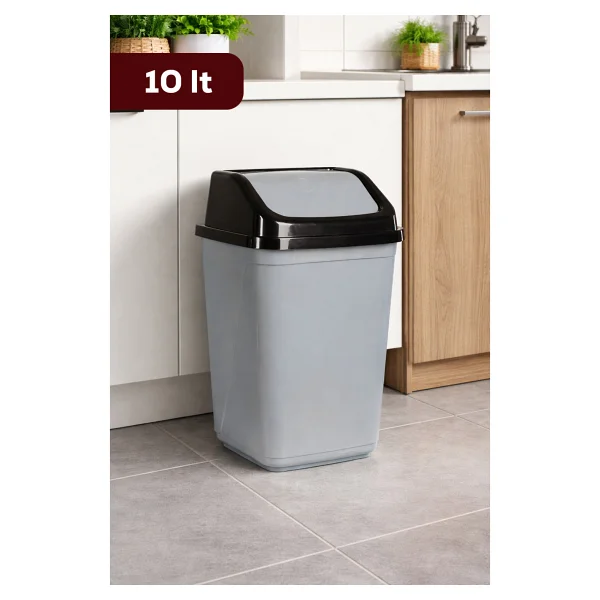 Porsima 0100 Kapaklı Gri-Siyah Çöp Kutusu - Favori Banyo Ve Mutfak Çöp Kovası 10lt - 10 Lt - Görsel 5
