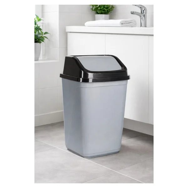 Porsima 0100 Kapaklı Gri-Siyah Çöp Kutusu - Favori Banyo Ve Mutfak Çöp Kovası 10lt - 10 Lt - Görsel 2