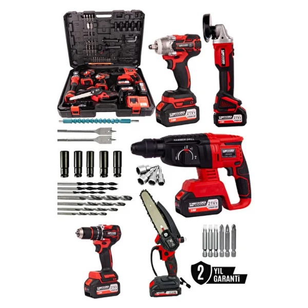 Kimmer Plus 21V Akülü 5'Li Set Kırıcı Delici Hilti Taşlama Somun Sıkma Vidalama Budama Kırmızı Renk